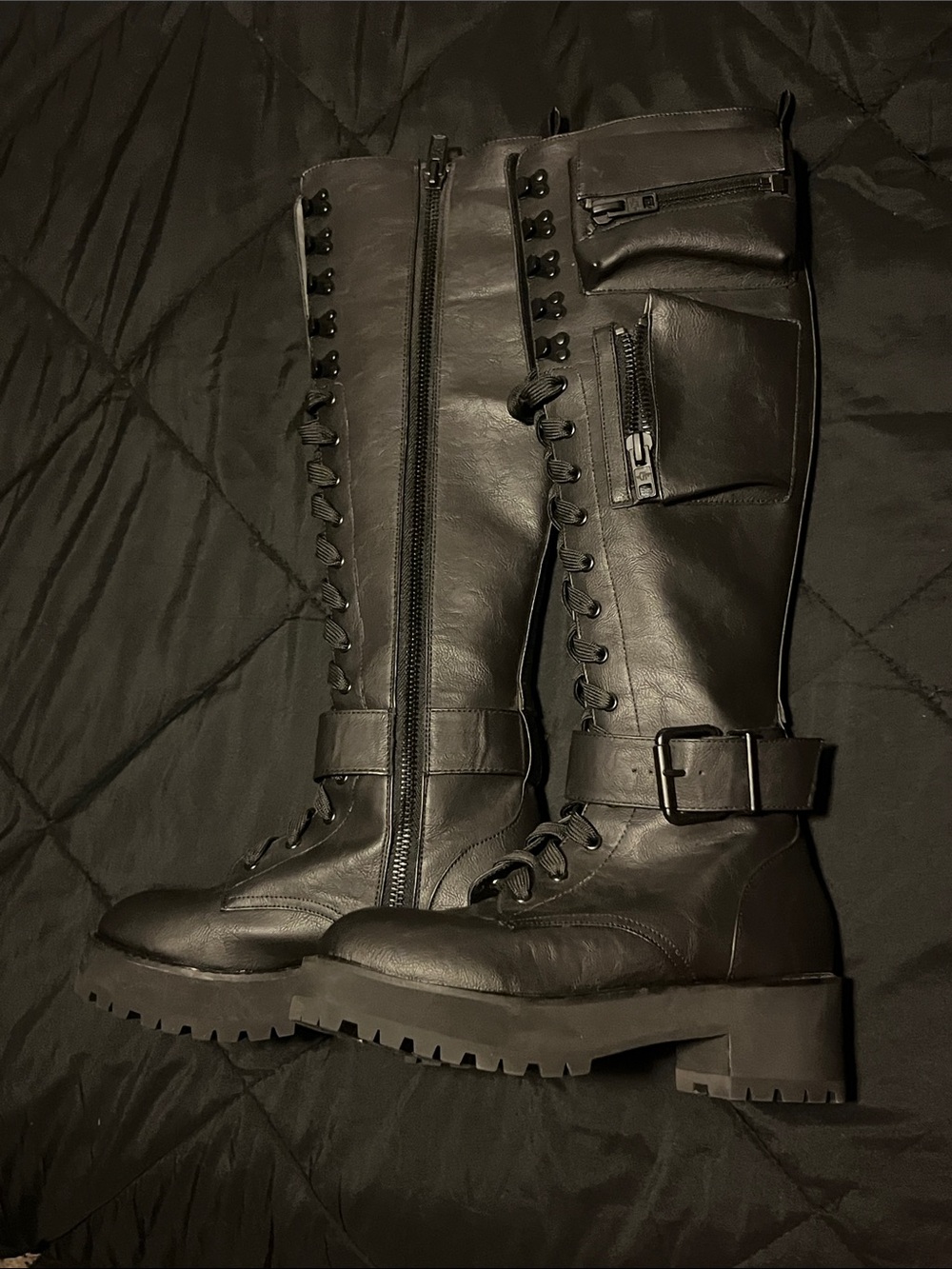 NWOT Current Mood Black Tall Lace-Up Combat Boots with Side Pocket & Buckle